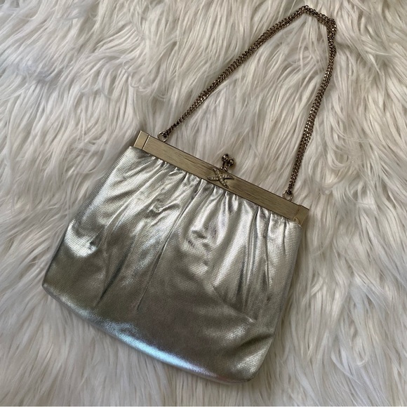 Vintage HL USA Satin Handbag Set Coin Purse Mirror Silver Convertible Chain VTG - Picture 2 of 16